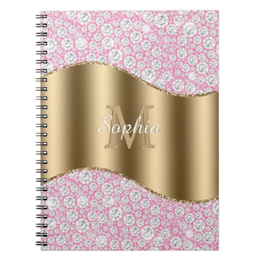 Glam Diamonds on Pink, Gold Monogram, Script Name Notizblock (Vorderseite)