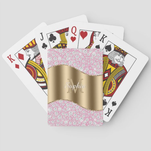 Glam Diamonds on Pink, Gold Monogram, Script Name Spielkarten (Rückseite)