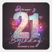 Glam Disco Ball Musical Notes Pink 21st Birthday Quadratischer Aufkleber (Vorderseite)