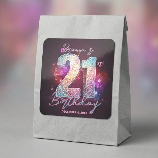 Glam Disco Ball Musical Notes Pink 21st Birthday Quadratischer Aufkleber