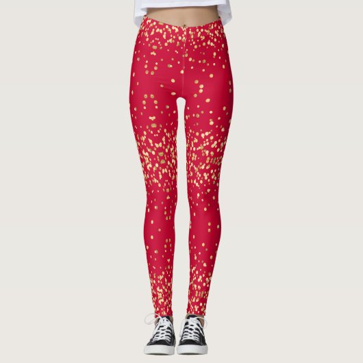 Glam Diva Gold Glitterie Weihnachten Rotes Party Leggings (Vorderseite)