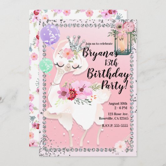 Glam Diva Llama Princess Birthday Party Einladung (Vorne/Hinten)