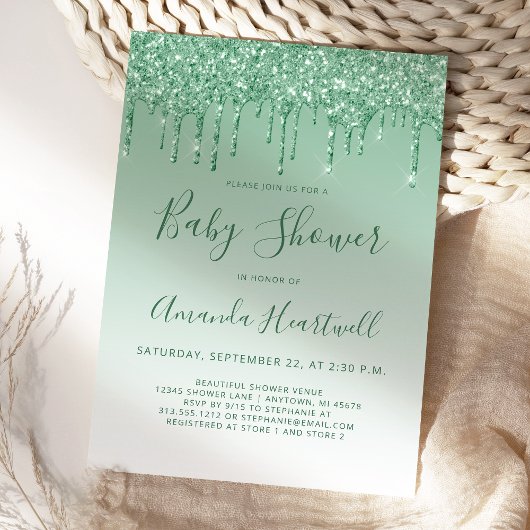Glam Dripping Glitzer Green Baby Shower Einladung