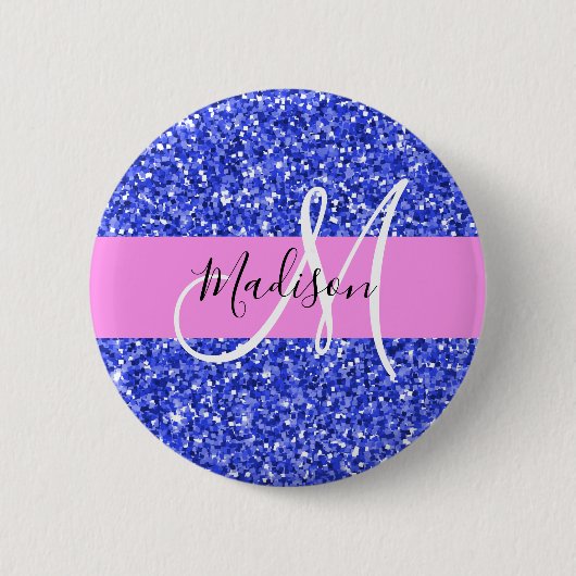 Glam Dunkelblau Pink Glitter Funkeln Name Monogram Button (Vorderseite)