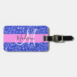 Glam Dunkelblau Pink Glitter Funken Name Monogramm Gepäckanhänger
