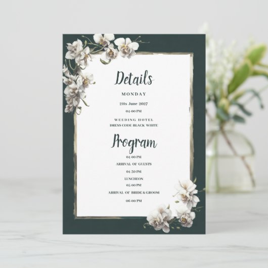 Glam dunkelgrünes Gold, weißer Orchideen - Program Einladung (Stehend Vorderseite)