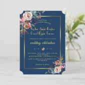 Glam Dusty Blue Floral Golden Frame Wedding Einladung (Stehend Vorderseite)