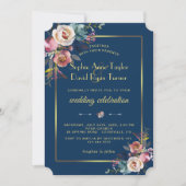 Glam Dusty Blue Floral Golden Frame Wedding Einladung (Vorderseite)