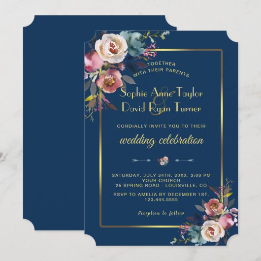 Glam Dusty Blue Floral Golden Frame Wedding Einladung (Vorne/Hinten)