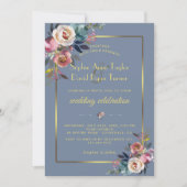 Glam Dusty Blue Pink Floral Gold Rahmen Wedding Einladung (Vorderseite)