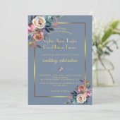 Glam Dusty Blue Pink Floral Gold Rahmen Wedding Einladung (Stehend Vorderseite)