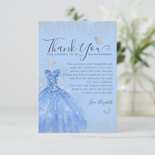 Glam Dusty Blue Silver Glitzer Dress Quinceanera Dankeskarte (Stehend Vorderseite)