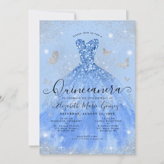 Glam Dusty Blue Silver Glitzer Gown Quinceanera Einladung (Vorderseite)