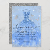 Glam Dusty Blue Silver Glitzer Gown Quinceanera Einladung (Vorne/Hinten)