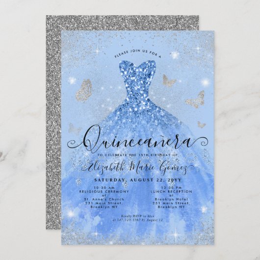 Glam Dusty Blue Silver Glitzer Gown Quinceanera Einladung (Vorne/Hinten)