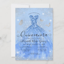 Glam Dusty Blue Silver Glitzer Gown Quinceanera