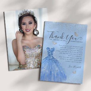 Glam Dusty Blue Silver Glitzer Quinceanera Foto Dankeskarte