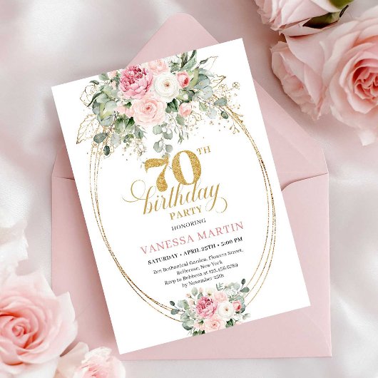 Glam Dusty Pink and Gold 70th Birthday Invitation Einladung