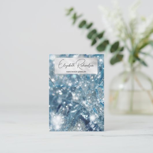 Glam Elegant Blue Crystal Diamond Juwelier Display Visitenkarte (Stehend Vorderseite)