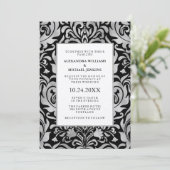 Glam Elegant Luxe Silver Damask auf Schwarzer Hoch Einladung (Stehend Vorderseite)