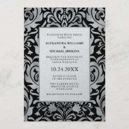 Glam Elegant Luxe Silver Damask auf Schwarzer Hoch Einladung