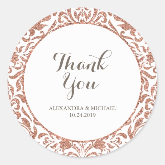 Glam Elegante Imitate Rose Gold Glitzer Damask Hoc Runder Aufkleber (Vorderseite)