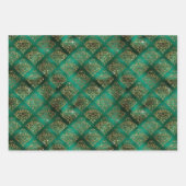 Glam Emerald Gold Damask Fans Shimmer Geschenkpapier Set (Vorderseite)