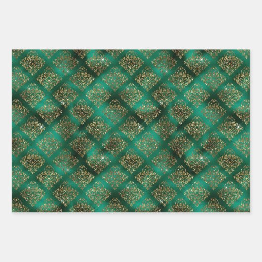 Glam Emerald Gold Damask Fans Shimmer Geschenkpapier Set (Vorderseite)