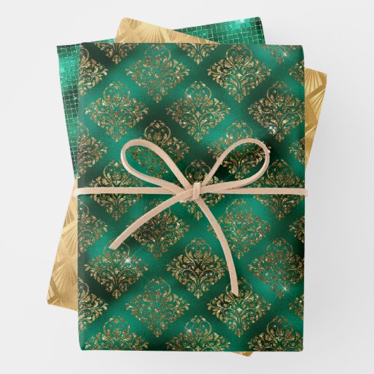 Glam Emerald Gold Damask Fans Shimmer Geschenkpapier Set (Beispiel)