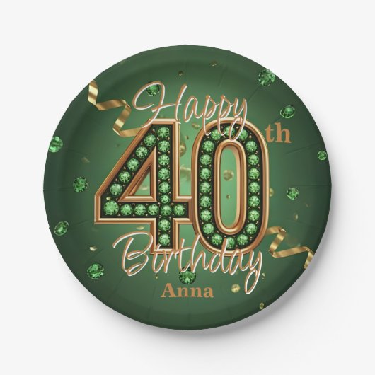 Glam Emerald Green and Gold 40th Birthday Pappteller (Vorderseite)