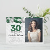 Glam Emerald Green Balloon Glitzer Foto Geburtstag Einladung (Stehend Vorderseite)