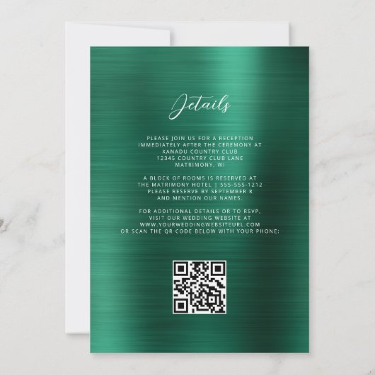 Glam Emerald Green Brushed Metal QR Code Hochzeit Einladung (Rückseite)
