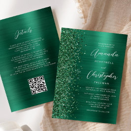 Glam Emerald Green Brushed Metal QR Code Hochzeit Einladung