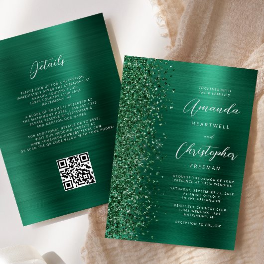 Glam Emerald Green Brushed Metal QR Code Hochzeit Einladung