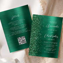Glam Emerald Green Brushed Metal QR Code Hochzeit