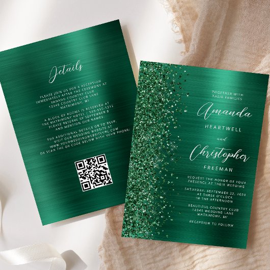 Glam Emerald Green Brushed Metal QR Code Hochzeit Einladung