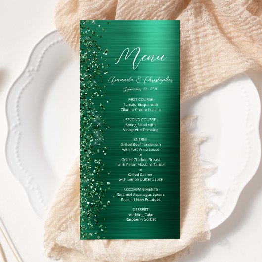 Glam Emerald Green Glitzer Brushed Metal Wedding Menükarte
