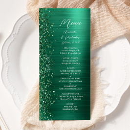 Glam Emerald Green Glitzer Brushed Metal Wedding Menükarte
