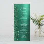 Glam Emerald Green Glitzer Brushed Metal Wedding Menükarte (Stehend Vorderseite)