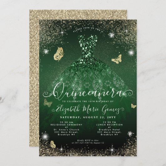Glam Emerald Green Gold Glitzer Gown Quinceanera Einladung (Vorne/Hinten)