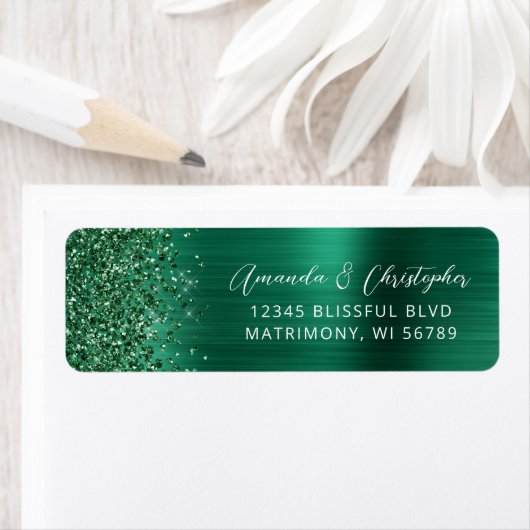 Glam Emerald Green Metallic Wedding Rücksendeadres (Insitu)