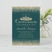 Glam Emerald Green Quinceañera Gold Tiara Glitzer Einladung (Stehend Vorderseite)