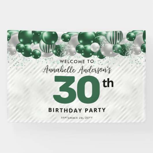 Glam Emerald Green Silver Balloon Glitzer Willkomm Banner (Horizontal)