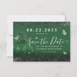 Glam Emerald Green Silver Glitzer Gown Quinceanera Save The Date