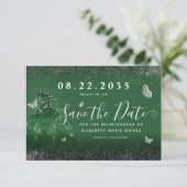 Glam Emerald Green Silver Glitzer Gown Quinceanera Save The Date (Stehend Vorderseite)