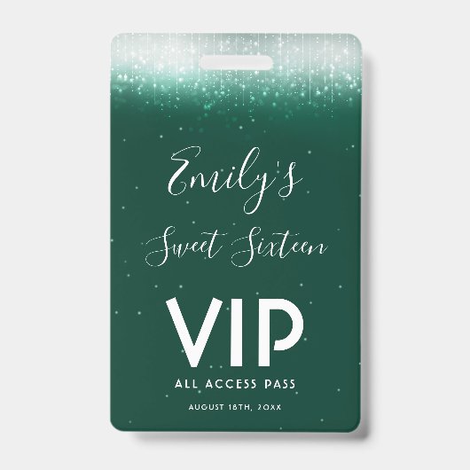 Glam Emerald Sweet 16 Einladung VIP Pass Abzeichen Ausweis (Vorderseite)