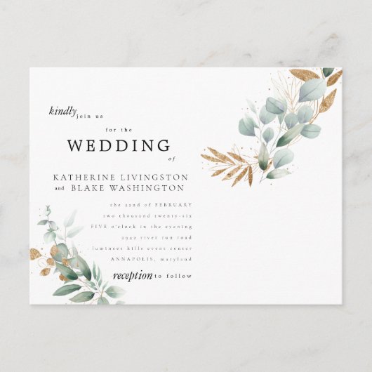 Glam Eucalyptus Budget II Postcard Wedding Einladungspostkarte (Vorderseite)