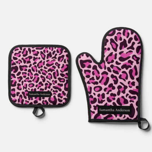 Glam Exotic Kitchen: Rosa Leopard Printwerbung Ofenhandschuh & Topflappen-Set (Vorderseite)