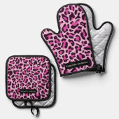 Glam Exotic Kitchen: Rosa Leopard Printwerbung Ofenhandschuh & Topflappen-Set (Vorderseite/Rückseite)