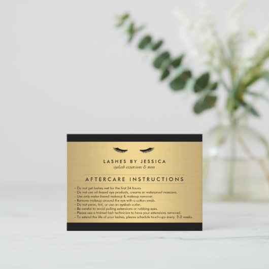 Glam Eyelashes Black and Gold Aftercare Card Visitenkarte (Stehend Vorderseite)